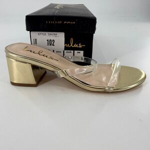 Lulus Savina Block Heel Sandal Womens 6‎ Gold New Clear Vinyl Strap Slide Mules